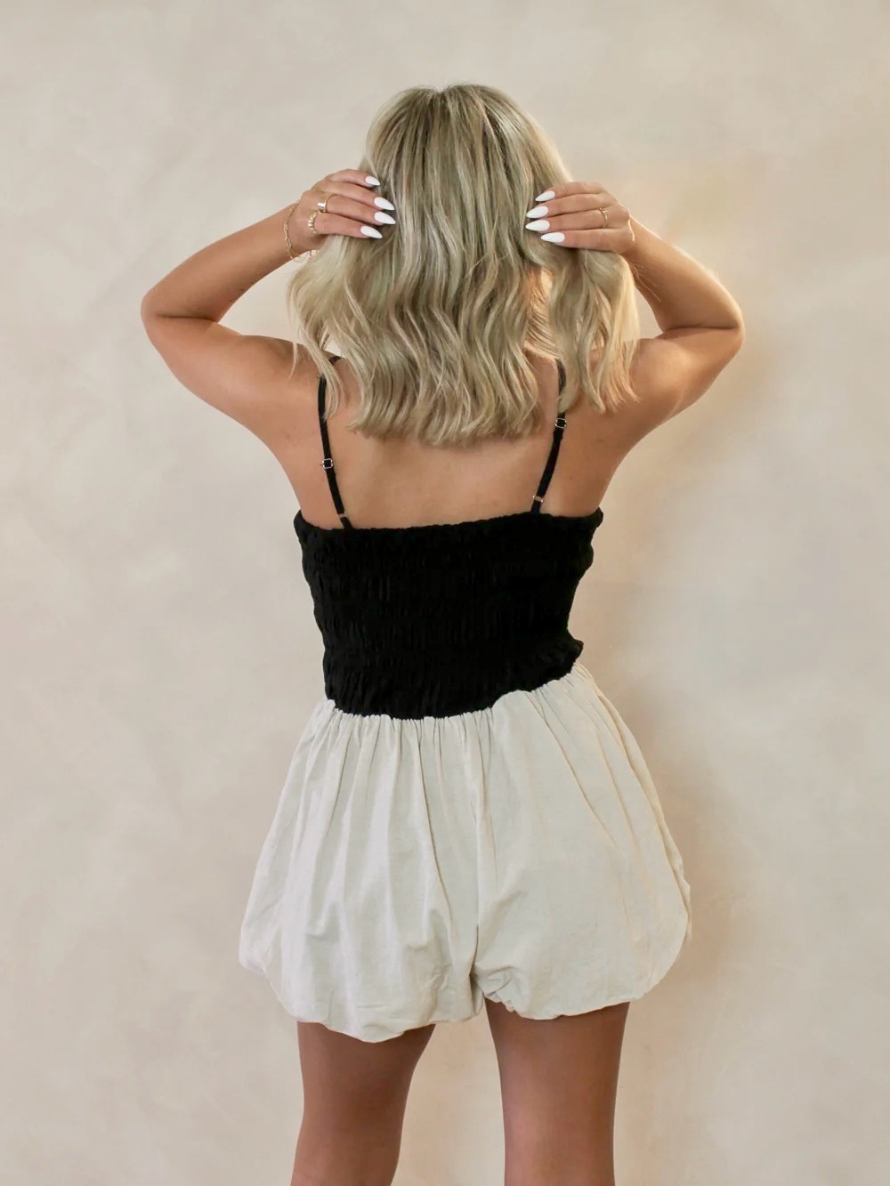 Smocked Black and Cream Linen Play Romper Sz L